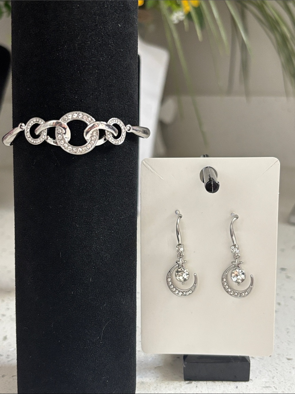 Silver Plated Moon & Star Crystal Drop Earrings & Bracelet Set